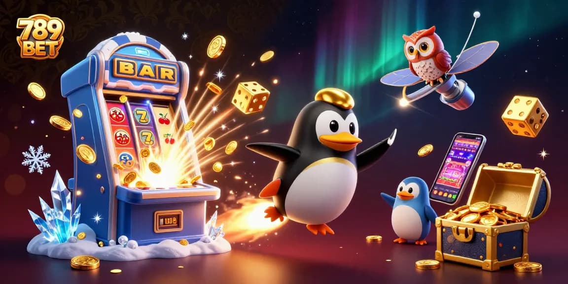 Experience thrilling gaming with 789 BET through engaging illustrations of jackpots and slot machines.