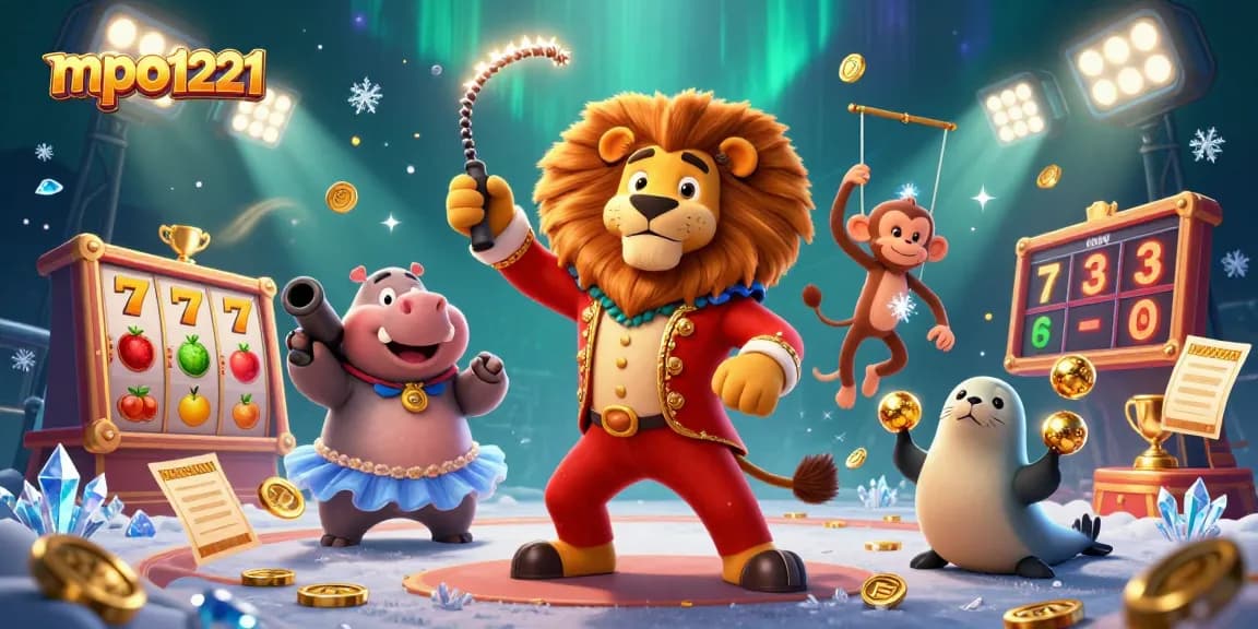 Permainan mpo1221 dengan singa ringmaster, hippo, monyet, dan anjing laut meriah di ilustrasi 3D.