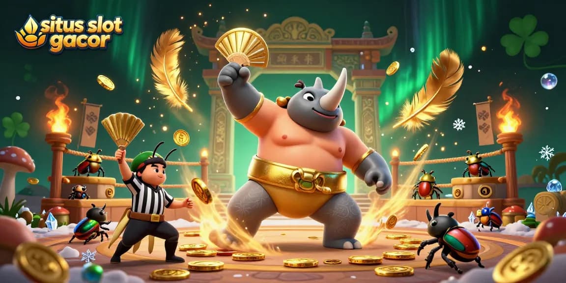 Experience thrilling gameplay at situs slot gacor with vibrant 3D illustrations of beetles in a casino arena.