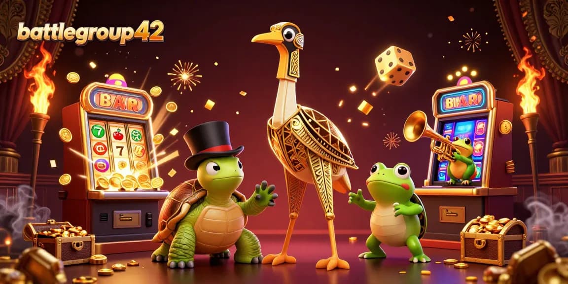 Check out battlegroup42 as it showcases a vibrant 3D casino scene with a cartoony crane, turtle, and frog.