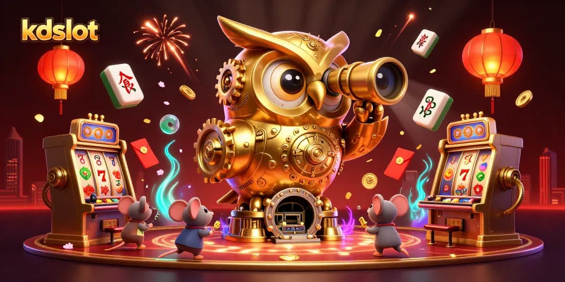 Kdslot features a captivating 3D illustration of a golden owl overseeing a vibrant casino scene filled with whimsical elements.