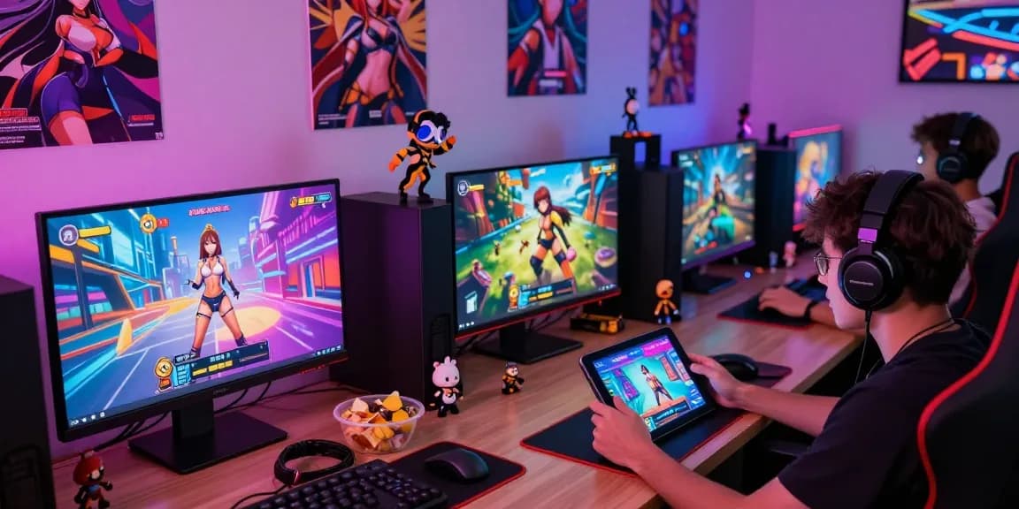 Engaged gamers exploring various hentai games in a vibrant digital gaming environment with colorful screens and accessories.