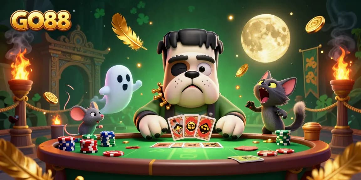 Experience thrilling card games at GO88 with an energetic 3D casino illustration featuring playful creatures.