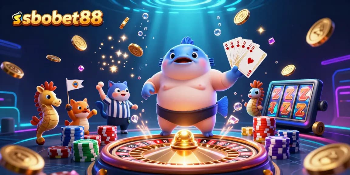 SBOBET88 elevates betting fun with a lively underwater casino scene full of excitement and vibrant colors.