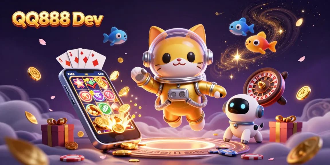 Experience thrilling games with QQ888 Dev featuring vibrant characters and gambling elements in a cosmic setting.
