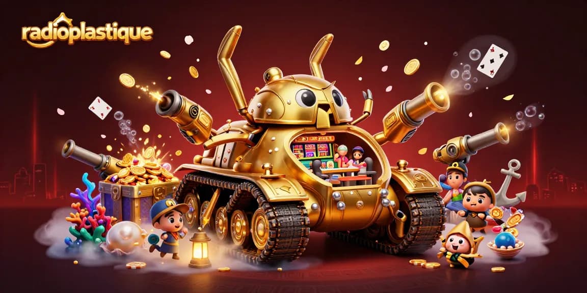 Experience gaming at radioplastique with a lively scene of a golden beetle tank casino bursting with joy and winnings.