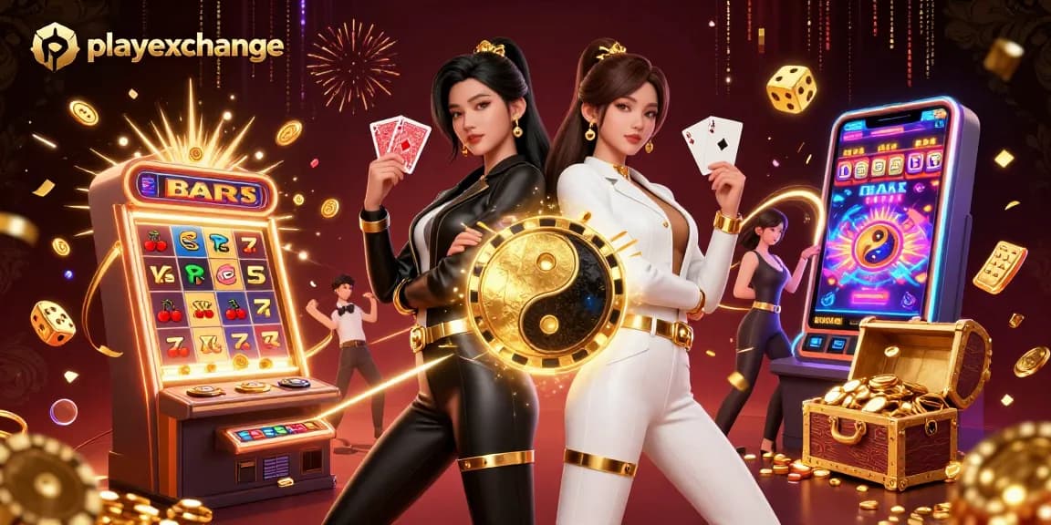 Engage with playexchange's thrilling casino scene showcasing twin dealers and vibrant slot machines.