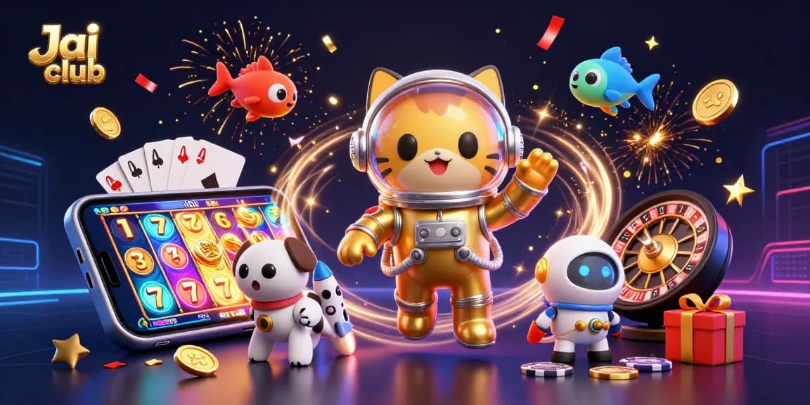 Experience thrilling gaming with Jai club's vibrant 3D illustration featuring slots, poker cards, and festive excitement.