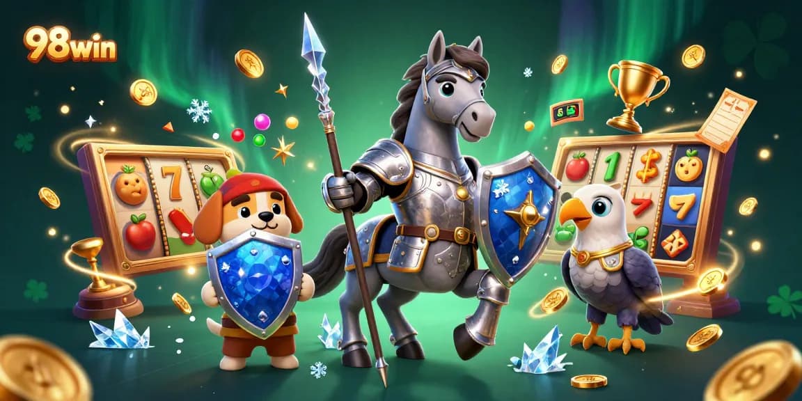 Win big on 98win with an exciting 3D casino scene packed with vibrant gaming elements.