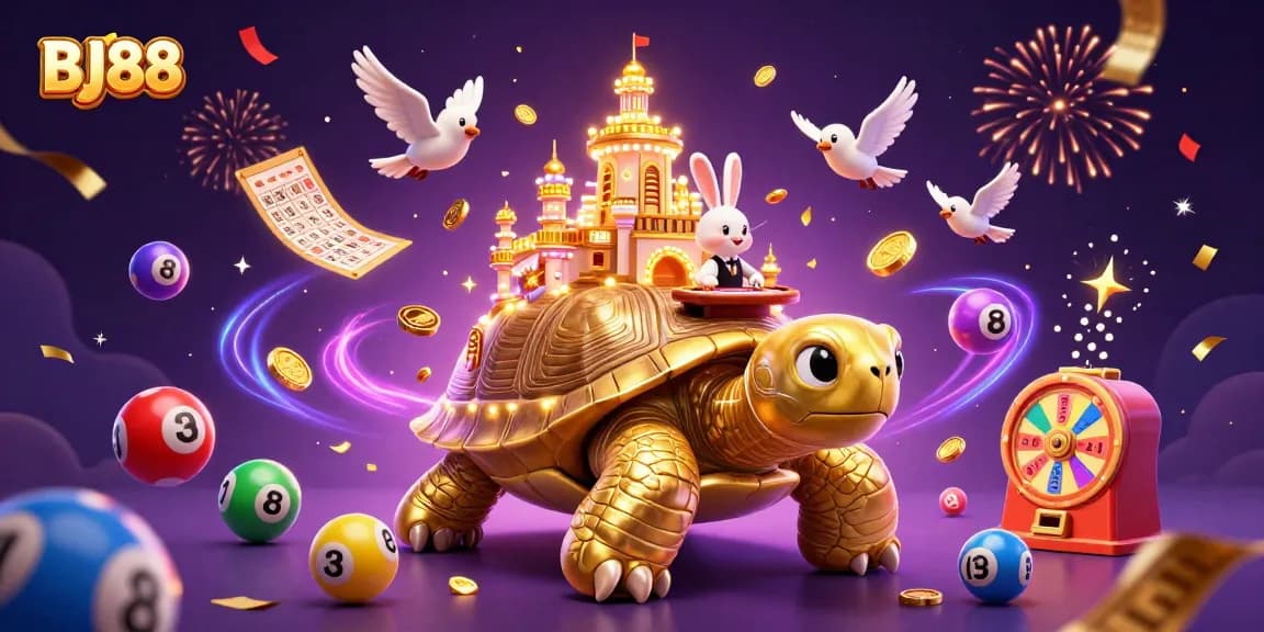 Play exciting games at BJ88 with a fun scene of a giant tortoise casino and vibrant characters.