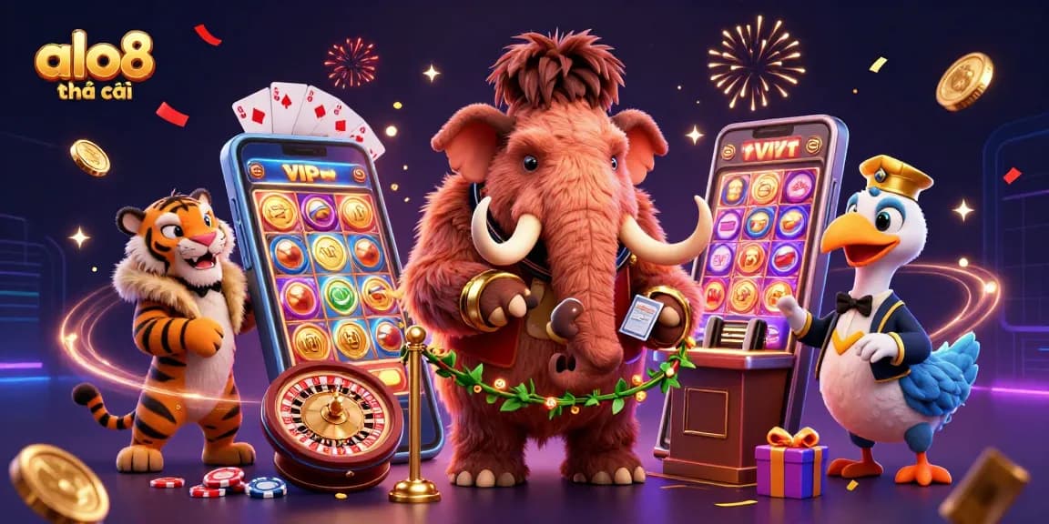 Alo8 nhà cái showcases a vibrant casino scene with a mammoth bouncer, saber-tooth tiger guest, and dodo doorman, enveloped in gaming excitement.