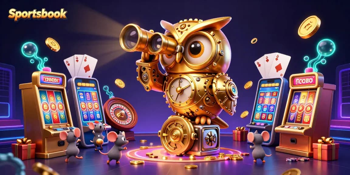 Taruhan di Sportsbook dengan jam raksasa dan tikus yang berpindah-pindah di mesin slot.