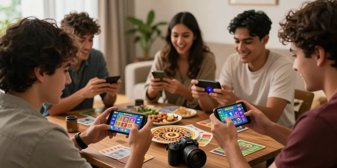 Friends enjoying a game of 3 Patti Loot on their smartphone in a lively home setting.