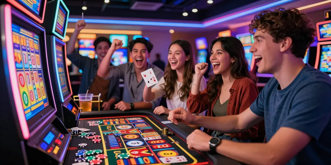 Permainan BATIK88 slot yang penuh warna dengan teman-teman merayakan kemenangan, suasana kasino yang ceria.