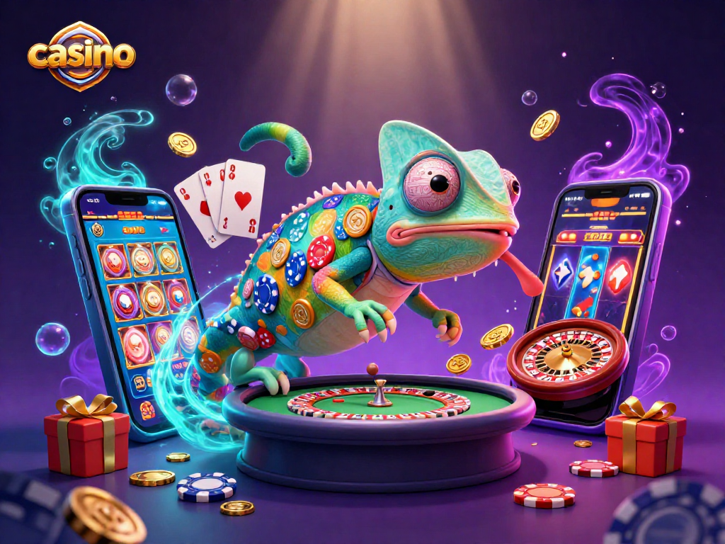Engaging casino scene with colorful slots and a chameleon owner capturing gaming excitement.