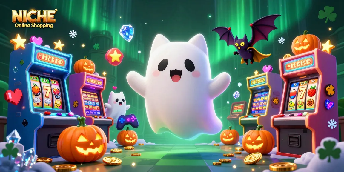 Experience the thrills in NICHE Online Shopping with a playful ghost cat amidst a vibrant casino backdrop.