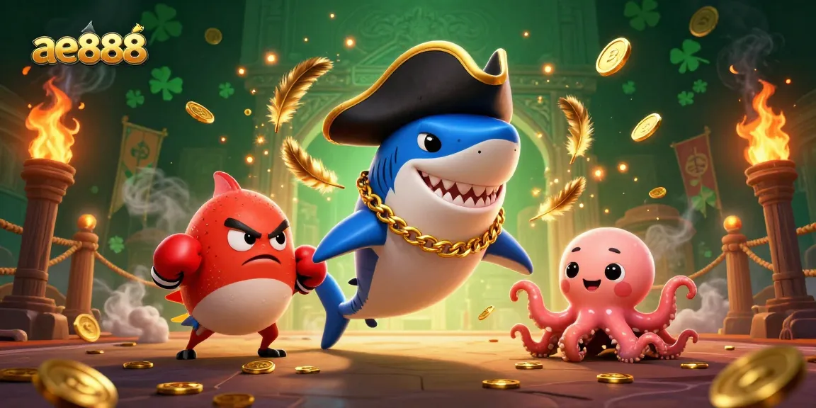 Engage with ae888's thrilling games against a backdrop of dynamic cartoon characters and casino elements.