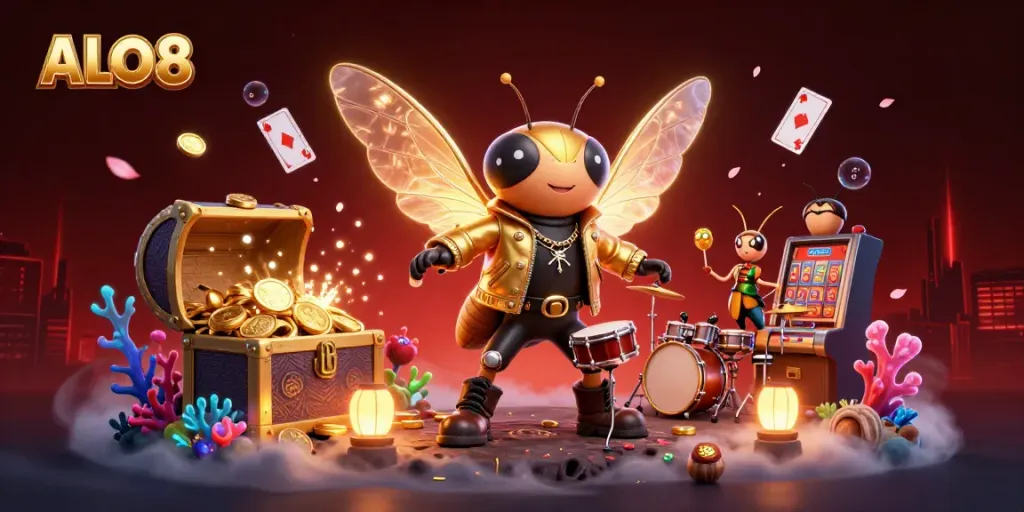 Experience the thrill of ALO8 with a vibrant casino scene featuring a rock star and dynamic game elements.