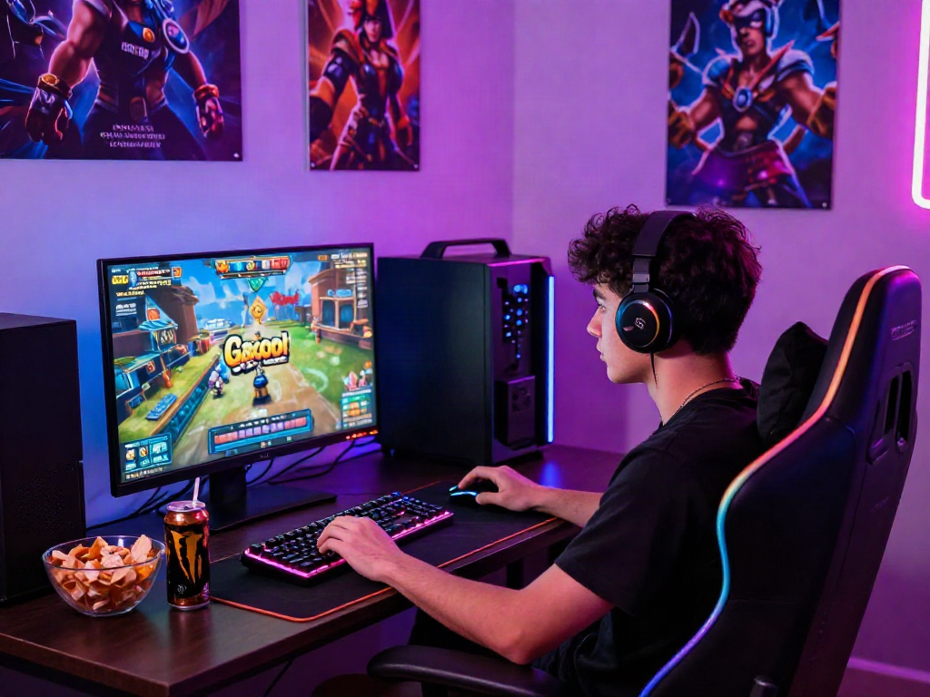 Engaged player enjoying slot gacor 4d gaming experience, with vibrant LED lights and energy drink on desk.