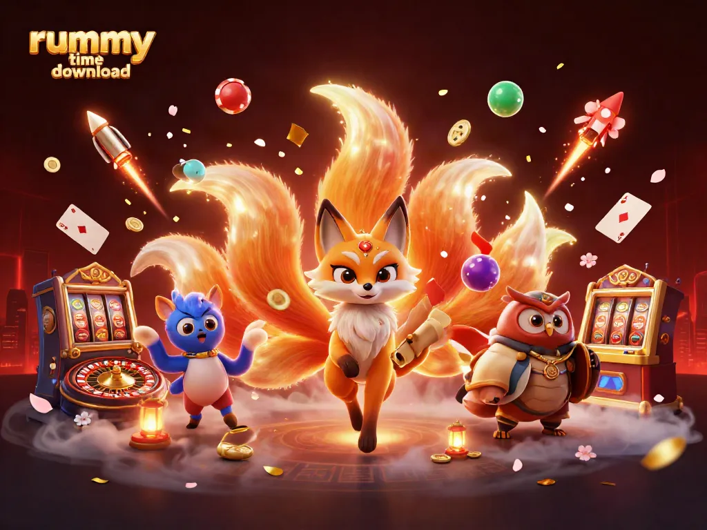 Experience the vibrant rummy time download with animated characters surrounded by poker and gaming elements.