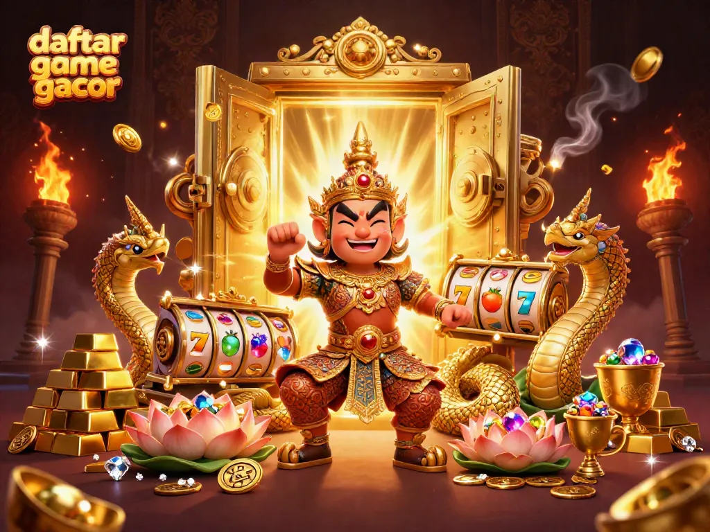 Gambarkan daftar game slot gacor dengan penjaga kuil Thailand yang bersenjatakan emas dan naga, dikelilingi emas dan permata.