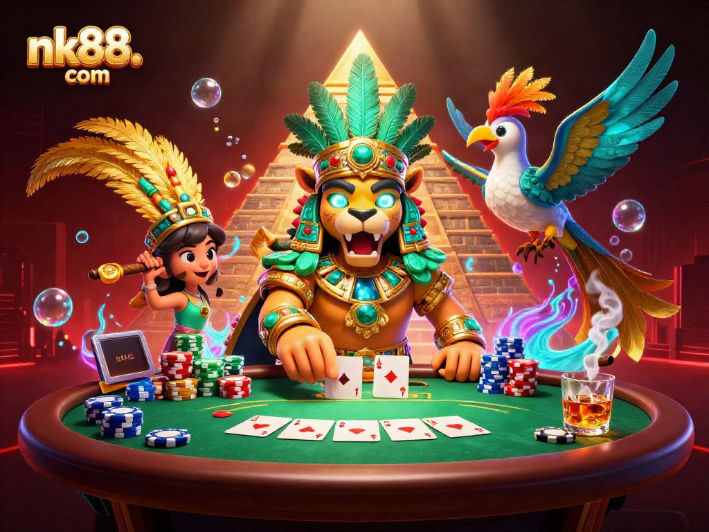 Engage with nk88. com through an exciting 3D poker scene featuring vibrant casino elements.