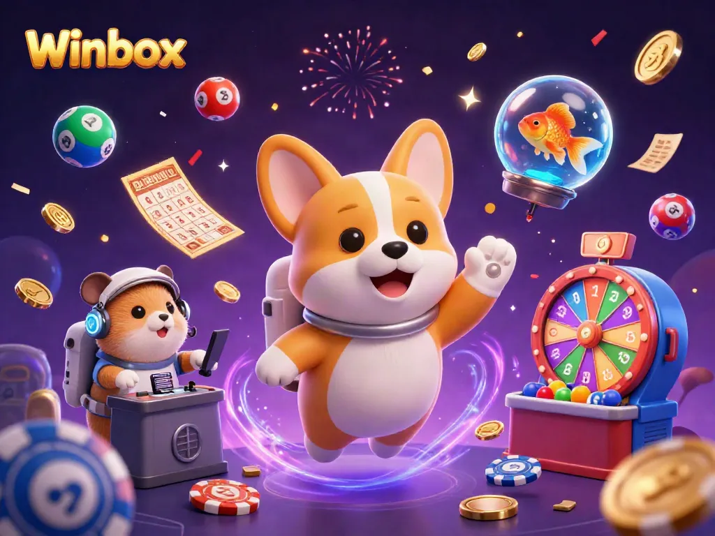Winbox features a vibrant casino scene with floating characters and colorful gambling elements.