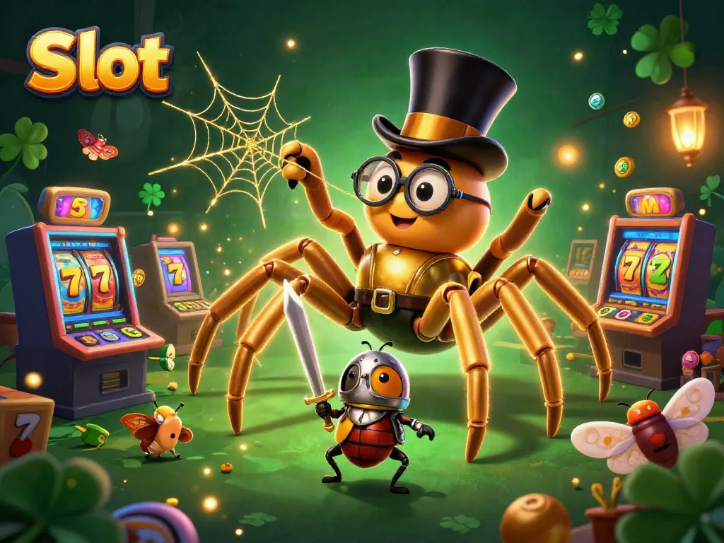 Slot yang menarik, tarantula emas raksasa dan kesatria beetle kecil dalam sebuah lingkungan kasino, energi penuh