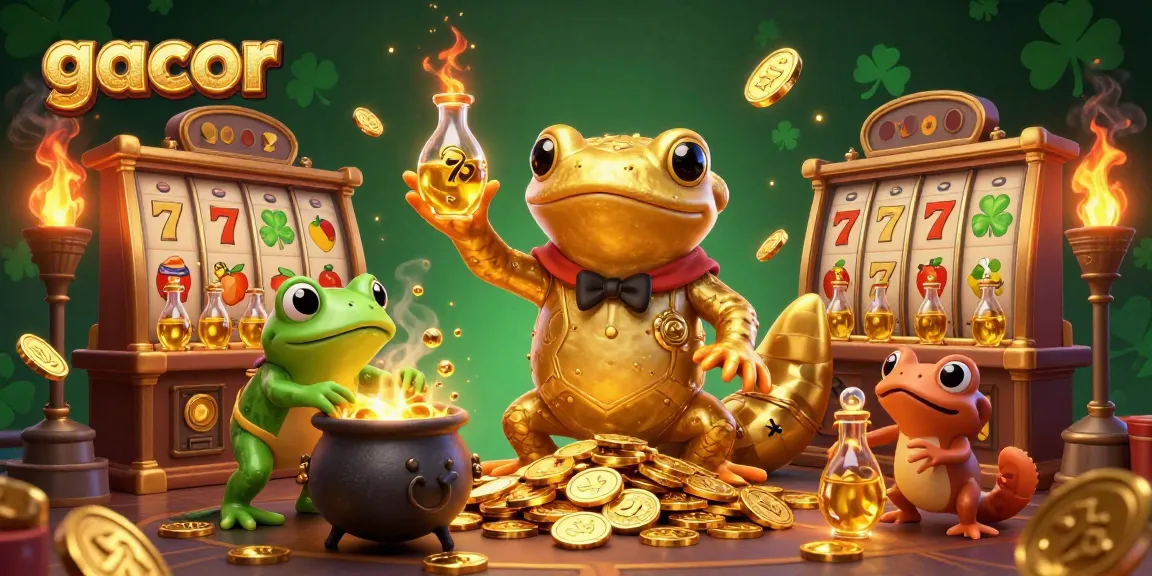 Experience gacor slots magic with golden alchemist and frog in a lively casino scene, celebrating wins and jackpots.