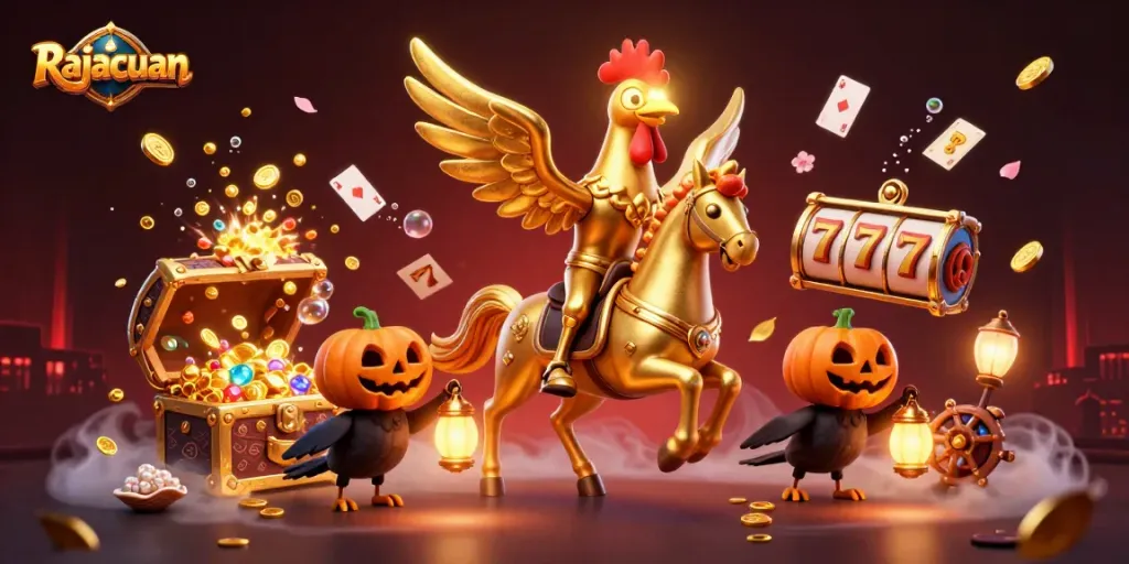 Rajacuan enthralls with a golden rooster, glowing at a midnight casino amidst slot reels.