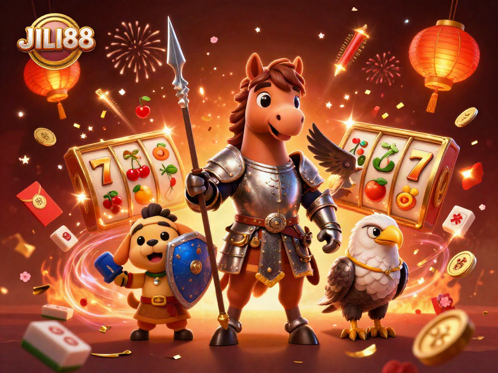 Engage in thrilling action with JILI88 in a dynamic 3D casino scene filled with vibrant elements.