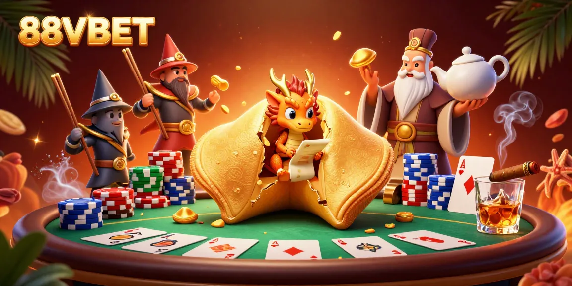 Experience stunning fortune with 88VBET's vibrant casino scene featuring poker cards and a wise dragon.