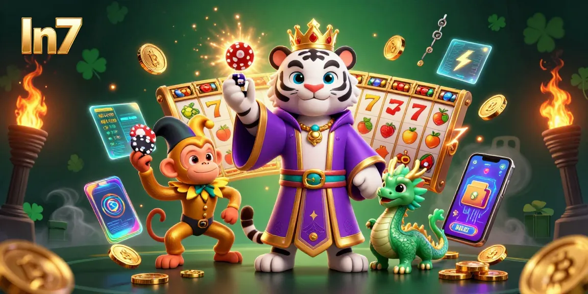 Engage in the thrilling world of In7 with a dynamic casino illustration featuring slot reels, poker chips, and crypto elements.