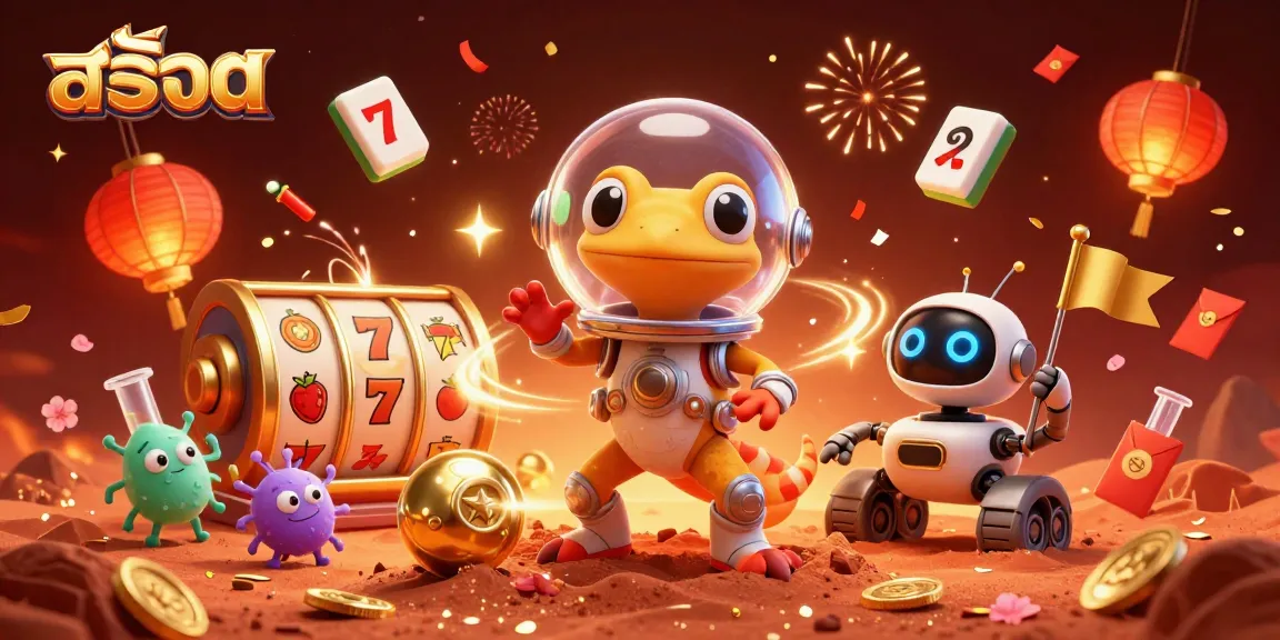Play สล็อต at a golden Martian casino with exciting slot reels spinning and vibrant festive elements.