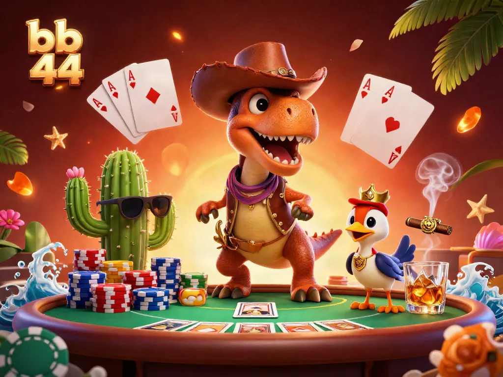 Engage with the vibrant bb 44 casino scene featuring animated characters at a lively poker game.
