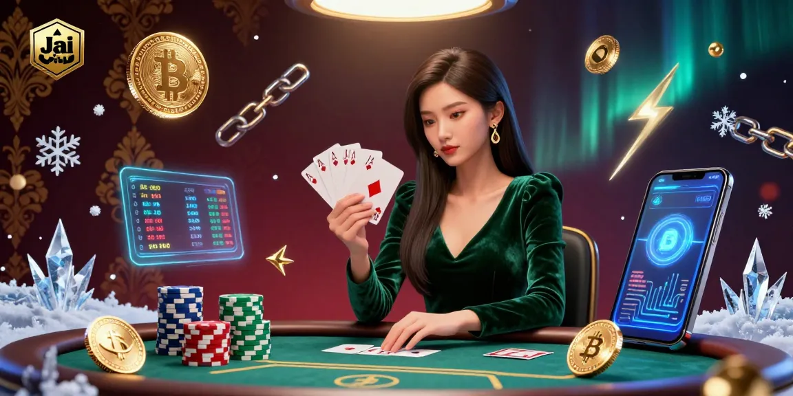 Engage in thrilling poker action at Jai club with beautiful Asian dealer and glowing crypto elements.