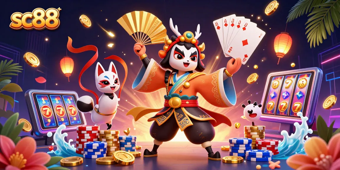 Experience the excitement of sc88 with an ultra-detailed 3D illustration showcasing a kabuki warrior and casino elements.
