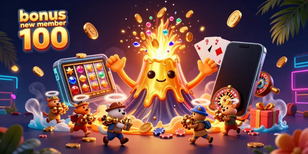 Catch a glimpse of adventure with the bonus new member 100, featuring a golden volcano erupting treasure!