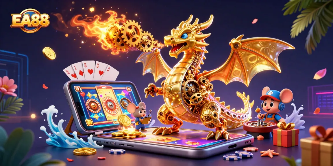 EA88 attracts gamers with a vibrant casino scene featuring a golden dragon spitting gears, surrounded by lively gaming elements.