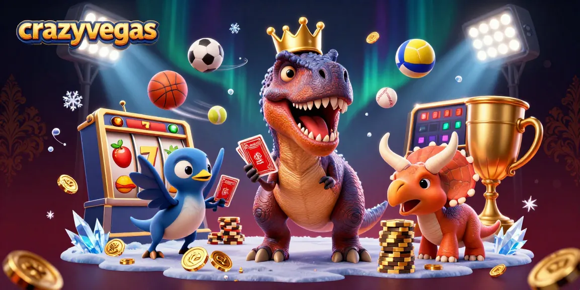Experience fun at crazyvegas with a T-Rex dealing cards, sports elements, and casino excitement.