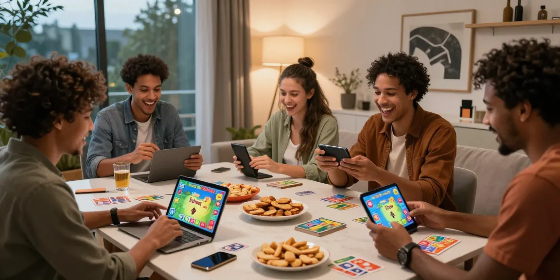 Friends playing online game Card Rummy together in a vibrant living room setting, showcasing excitement and community.