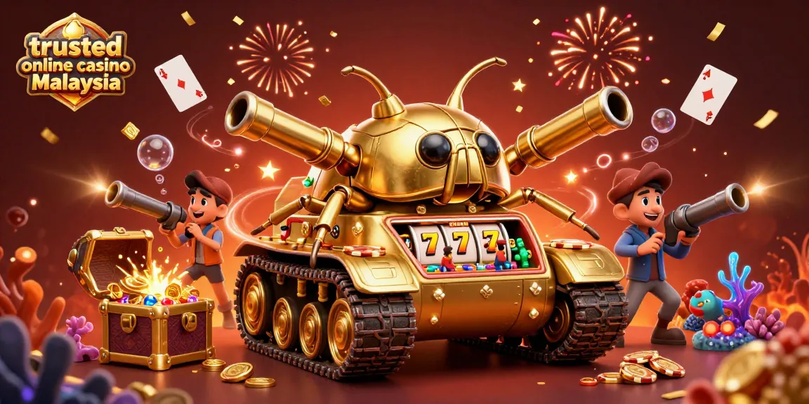 Experience excitement with trusted online casino Malaysia, featuring a golden beetle tank casino and celebratory elements.