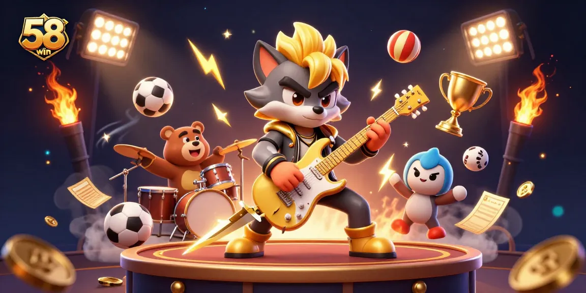 Experience the thrilling excitement of 58win with a rock star wolf and dynamic casino elements.