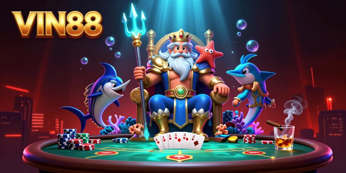 Experience VIN88's vibrant casino excitement with Neptune and poker elements in this 3D illustration.