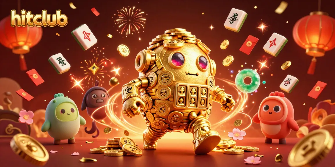 Experience hitclub with this vibrant 3D scene of a golden golem amidst festive casino symbols, celebrating wins!