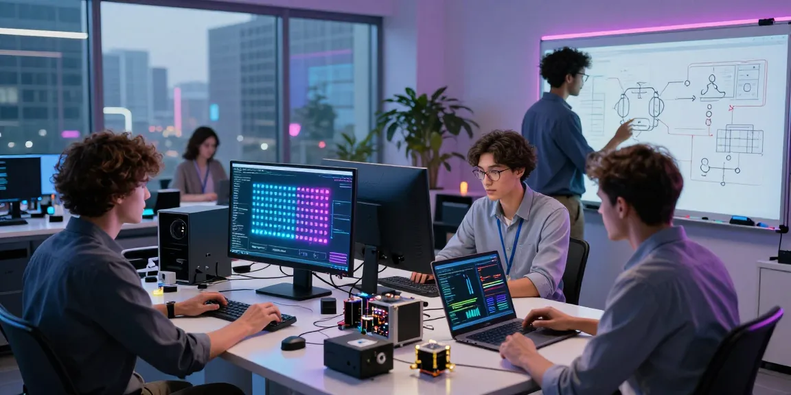 Engineers collaborating on quantum computing projects in a modern tech lab, emphasizing innovation and teamwork in tech.