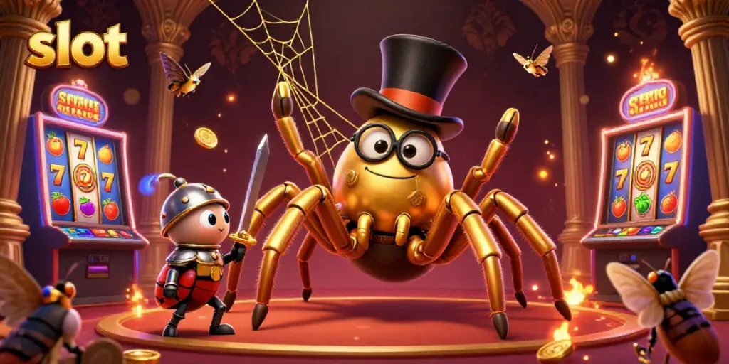 Experience thrilling slot adventures in a 3D casino scene with a golden tarantula and beetle knight.