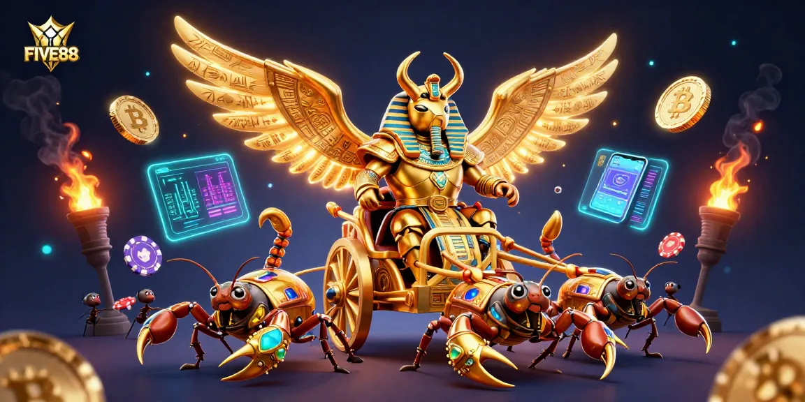 Engage with FIVE88's vibrant gaming world, showcasing a golden beetle and scorpions amidst crypto excitement.