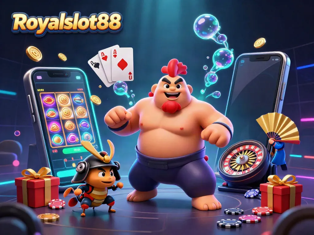 Royalslot88 menghadirkan ilustrasi kasino dengan sumo, samurai, dan tanuki dalam suasana meriah.