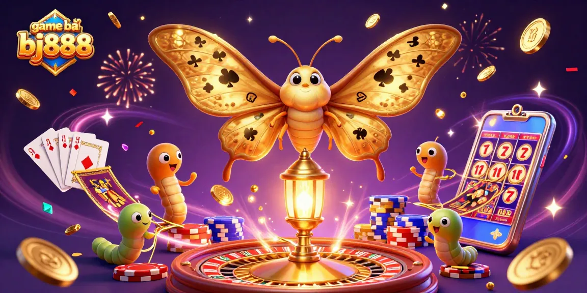 Spin to win with game bài bj888 featuring a vibrant 3D casino scene with golden moth and dynamic gaming elements.